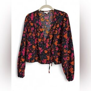 Topshop Floral Wrap Blouse - Black, Pink, Orange